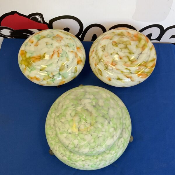 Vintage mid-century glass plafonnier with swirling green and amber shades.