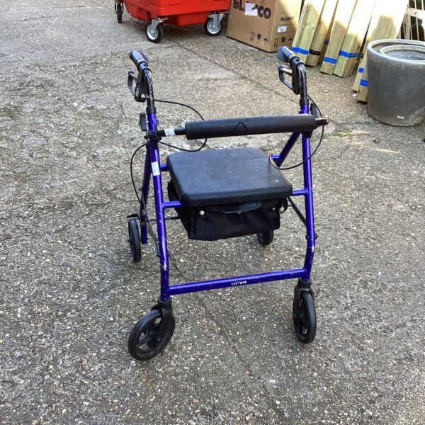 Blue walking aid trolley with seat and basket for mobility assistance.