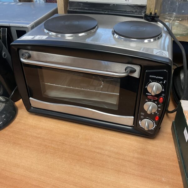 Scotts of Stow mini oven with double hob, compact kitchen appliance.