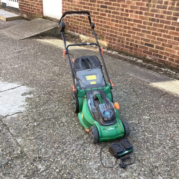 Green Hawkesmoor battery lawn mower for garden maintenance.