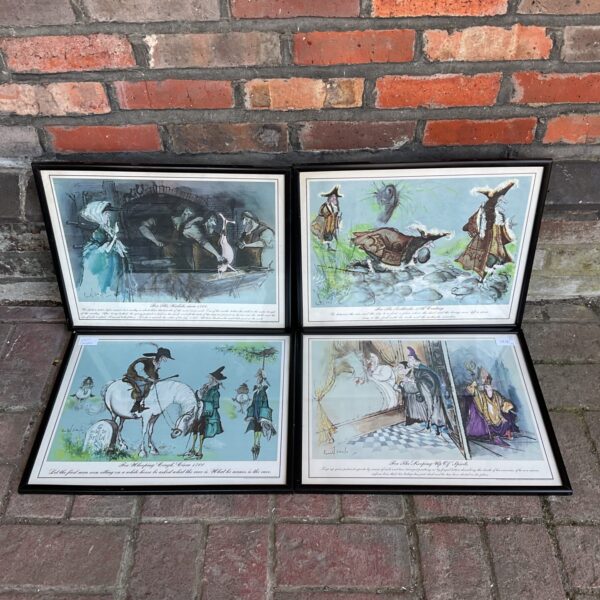 Set of four framed Ronald Searle cartoon prints in vintage condition.