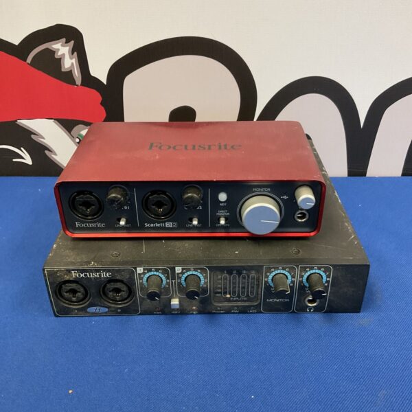 Focusrite Scarlett 2i2 audio interface with input and output connections.