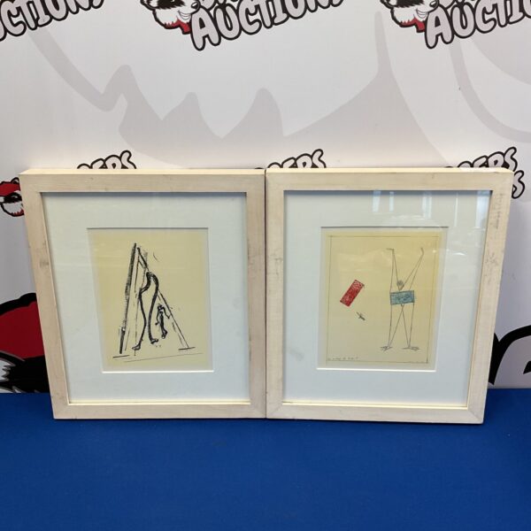 Pair of signed abstract prints in black frames, modern art.