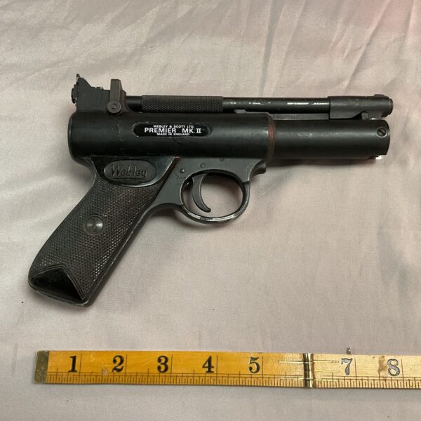 Vintage Webley Scott Premier MKII .22 air pistol in blued finish.