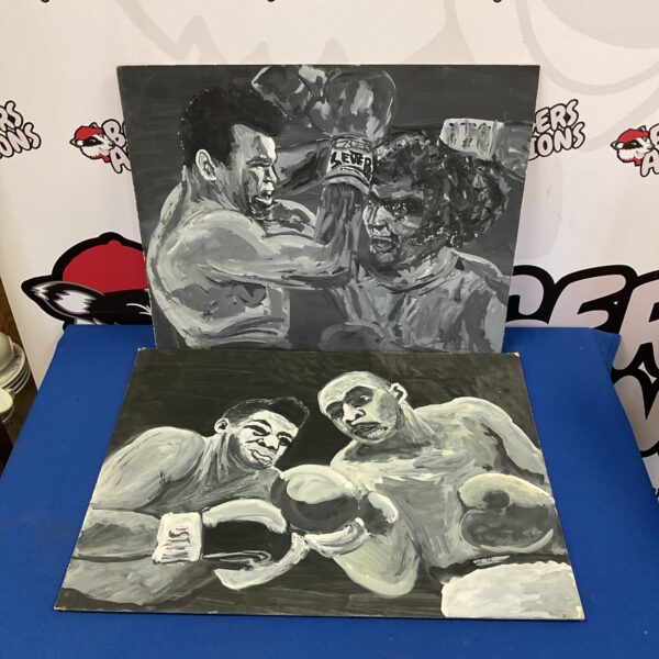Pair of vintage oil paintings depicting pugilists in boxing poses.