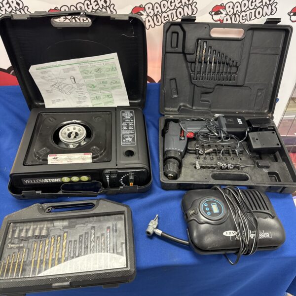 Portable 12v air compressor and tool kit with camping stove.