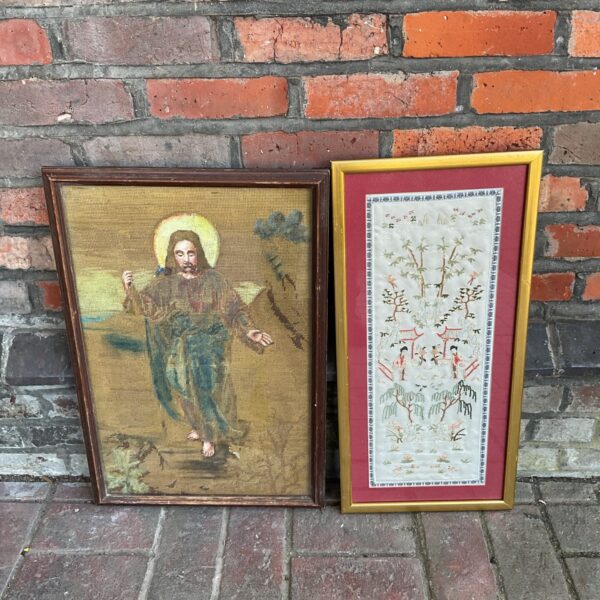Vintage hessian painting of Jesus Christ with silk embroidery detail.