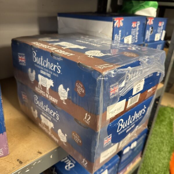 Pack of Butchers wet dog food cans, assorted flavours.