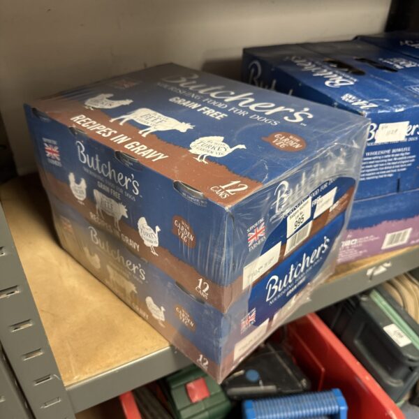 Case of Butchers wet dog food with assorted flavours for canine nutrition.