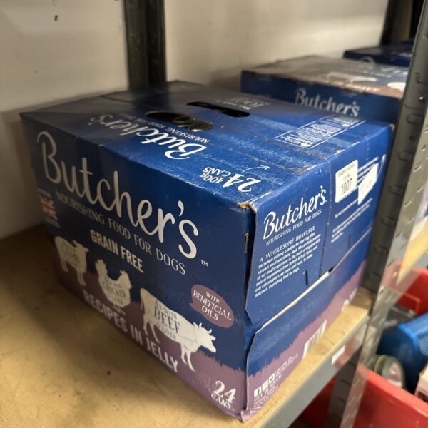 Pack of 24 Butchers wet dog food cans for canine nutrition.