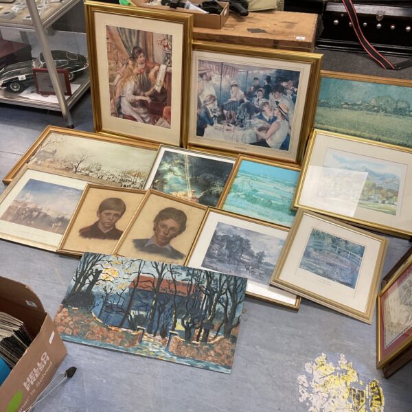 Large lot of gilt framed prints and artwork for wall decoration.