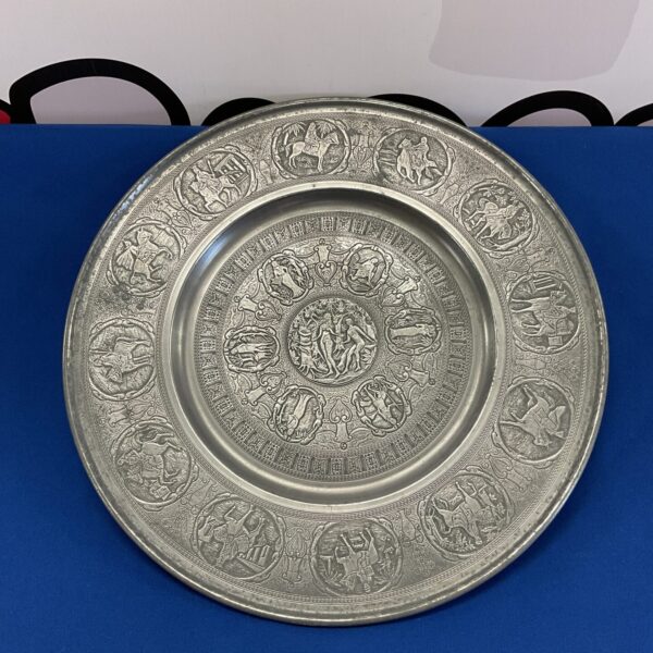Antique pewter charger by Berendsohn depicting Adam and Eve.