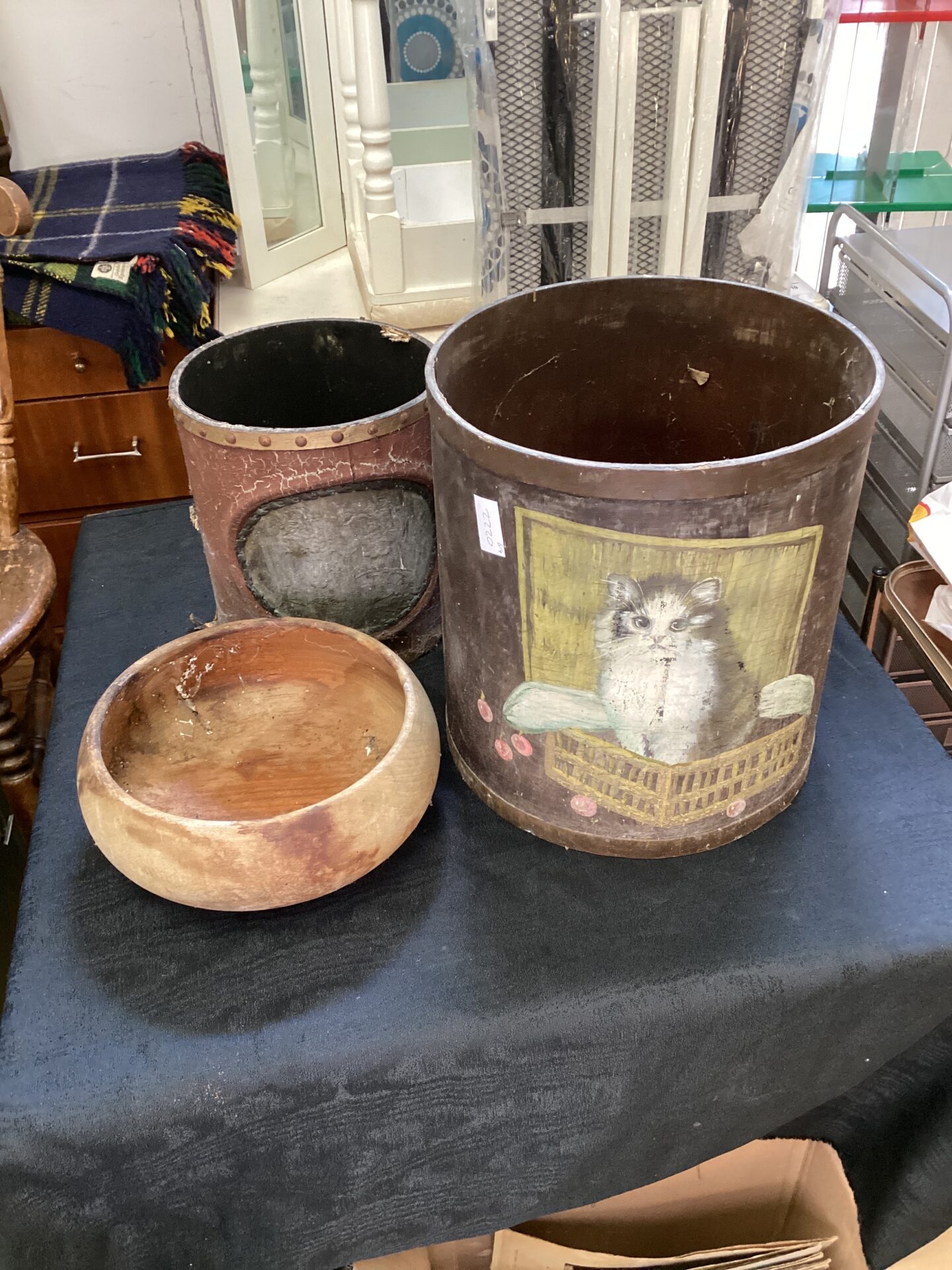 1036 Two vintage bins & wooden fruit bowl