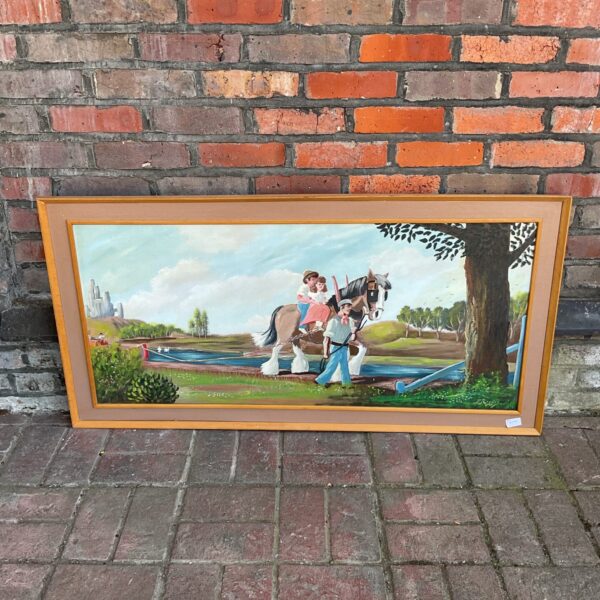 Large oil painting of a shire horse pulling a canal barge.