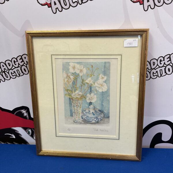 Signed Ruth Nicholas floral print of flowers in a vase.