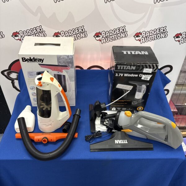 Two handheld window vacuum cleaners, Beldray and Titan models.