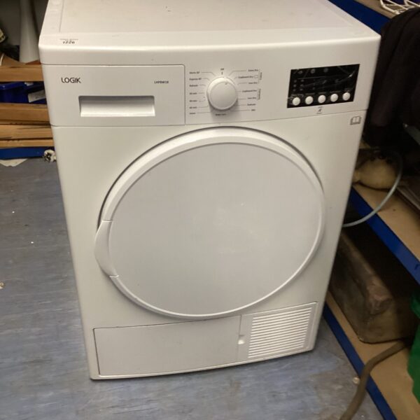 White Logik condenser tumble dryer for home laundry.