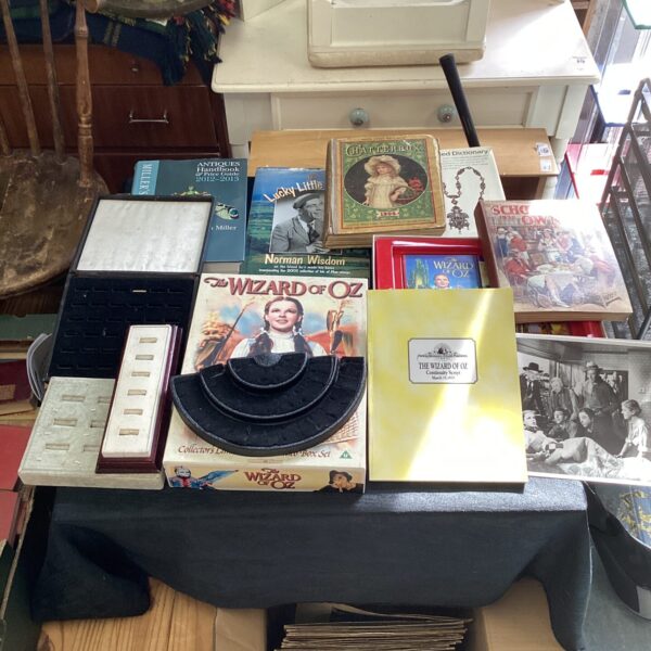 Mixed lot of vintage books and jewellery displays, including Wizard of Oz.