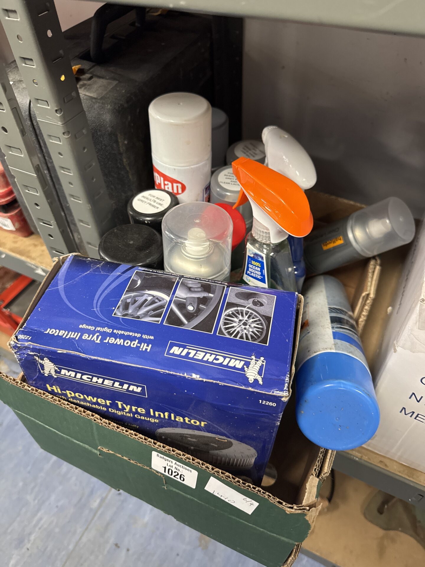1026 Tray of shed clearance items inc Michelin tyre inflator & assorted chemicals