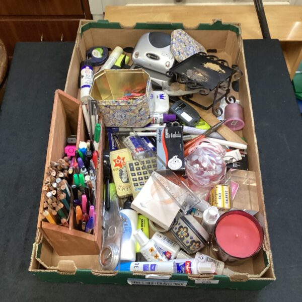 Mixed lot of stationery with pens and letter holder.