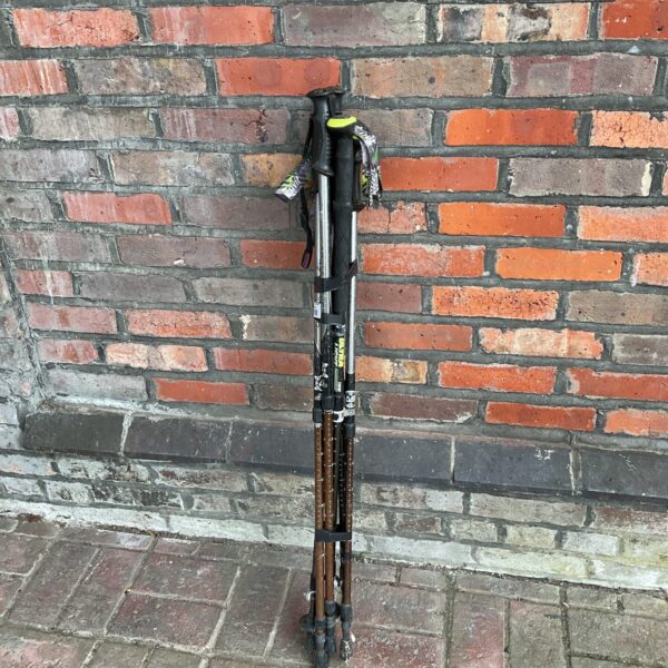 Pair of adjustable hiking walking sticks for outdoor adventures.