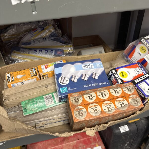 Mixed job lot of light bulbs, dust masks and cable tacks for DIY projects.