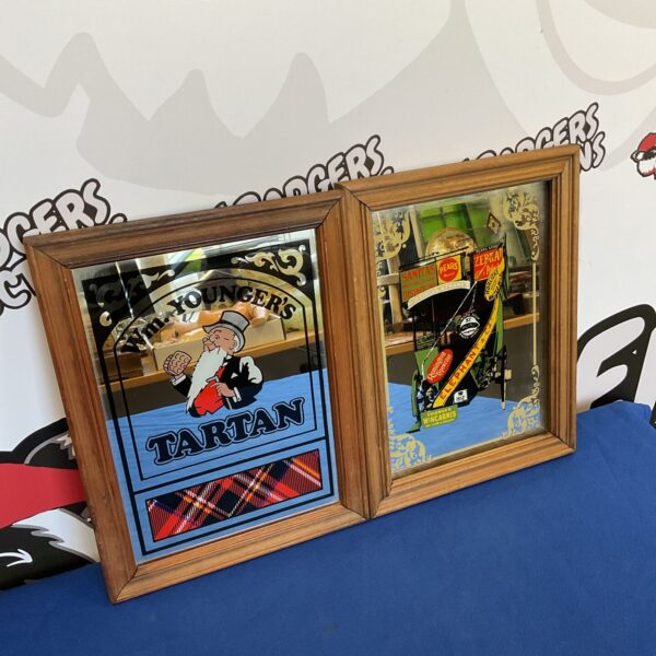 Vintage Wm Youngers tartan mirror, a colourful pub advertising collectible.
