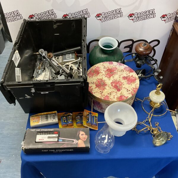 Mixed lot of tools, vintage lights, and a hat box.