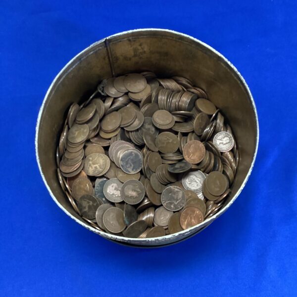 Tub filled with a large collection of old British pennies and half pennies.