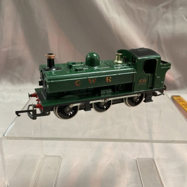 Vintage Hornby R51 pannier tank locomotive on display.