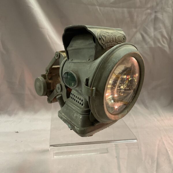 Antique Lucas Silver King oil lamp, side view.