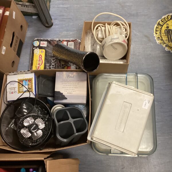 Mixed kitchen and camping lot with cool box and utensils.