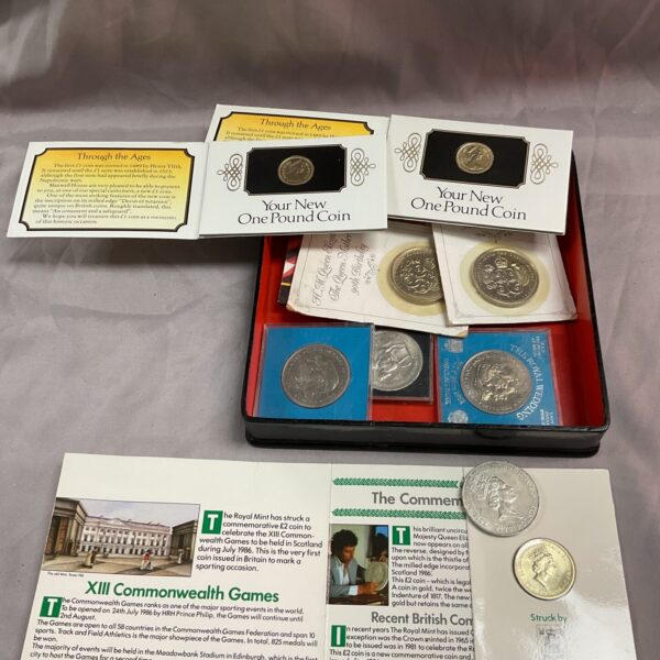 Commonwealth Games coins from Glasgow 2014, including £5 and £2 denominations.