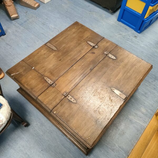 Front view of a large Indian oak storage trunk.