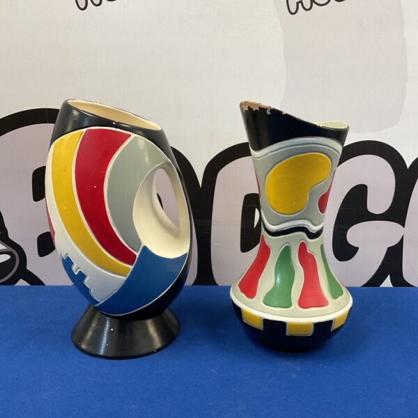 Vintage Brentleigh Ware vases with bold geometric patterns.
