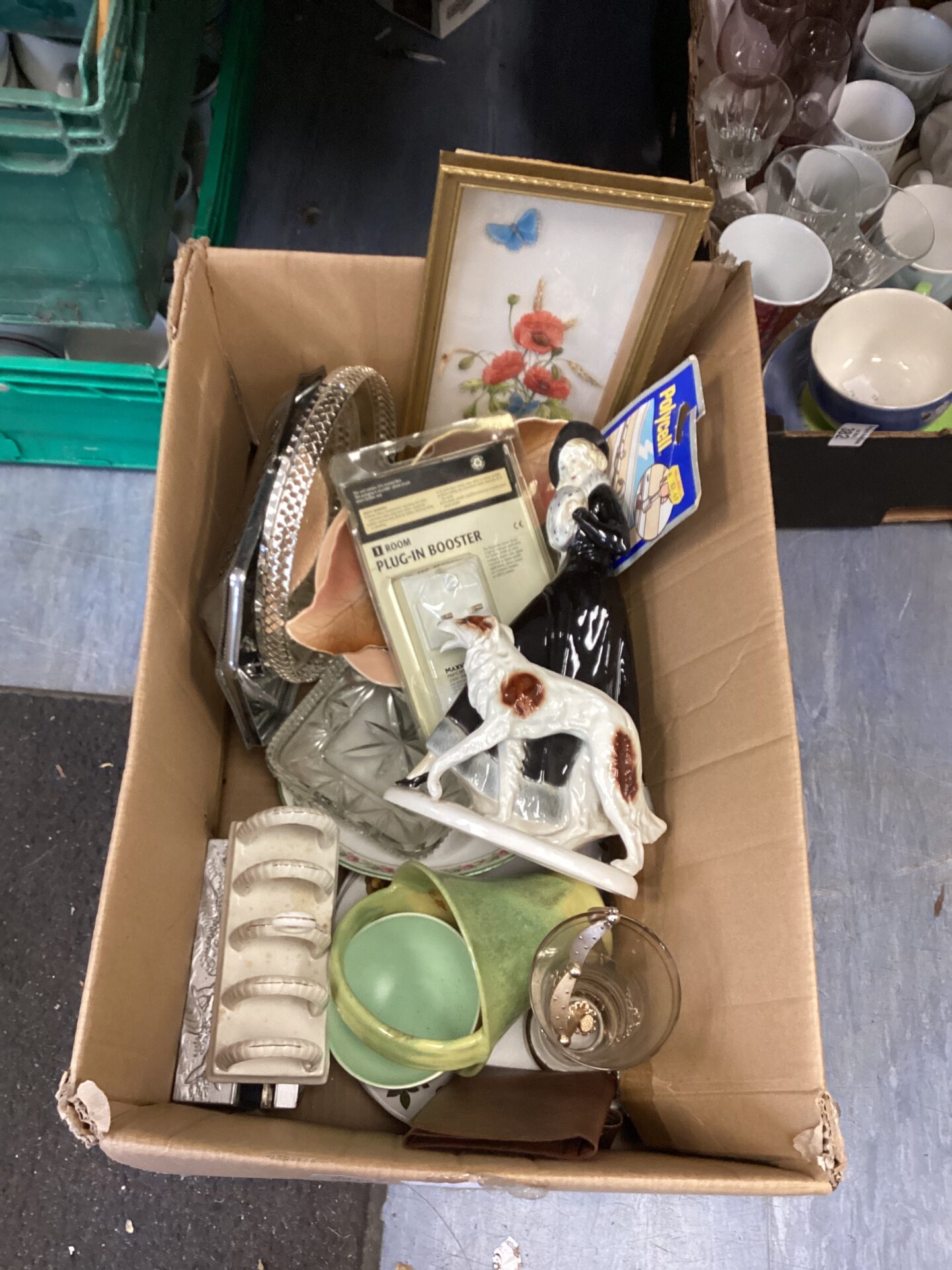 381 Box of mixed items inc lady and dog Figurine