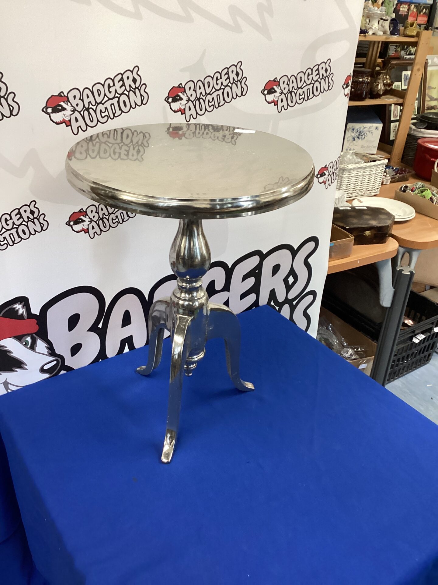 263 Stainless steel three legged wine table