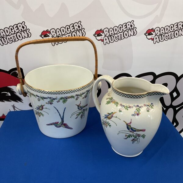 Vintage Cetem Ware slop bucket and water jug with floral design.