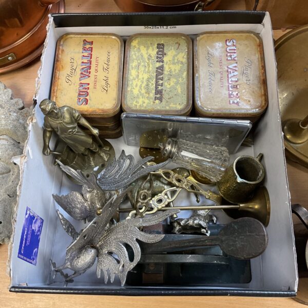 Vintage mixed metalware lot with fighting cocks and silver salt pot.