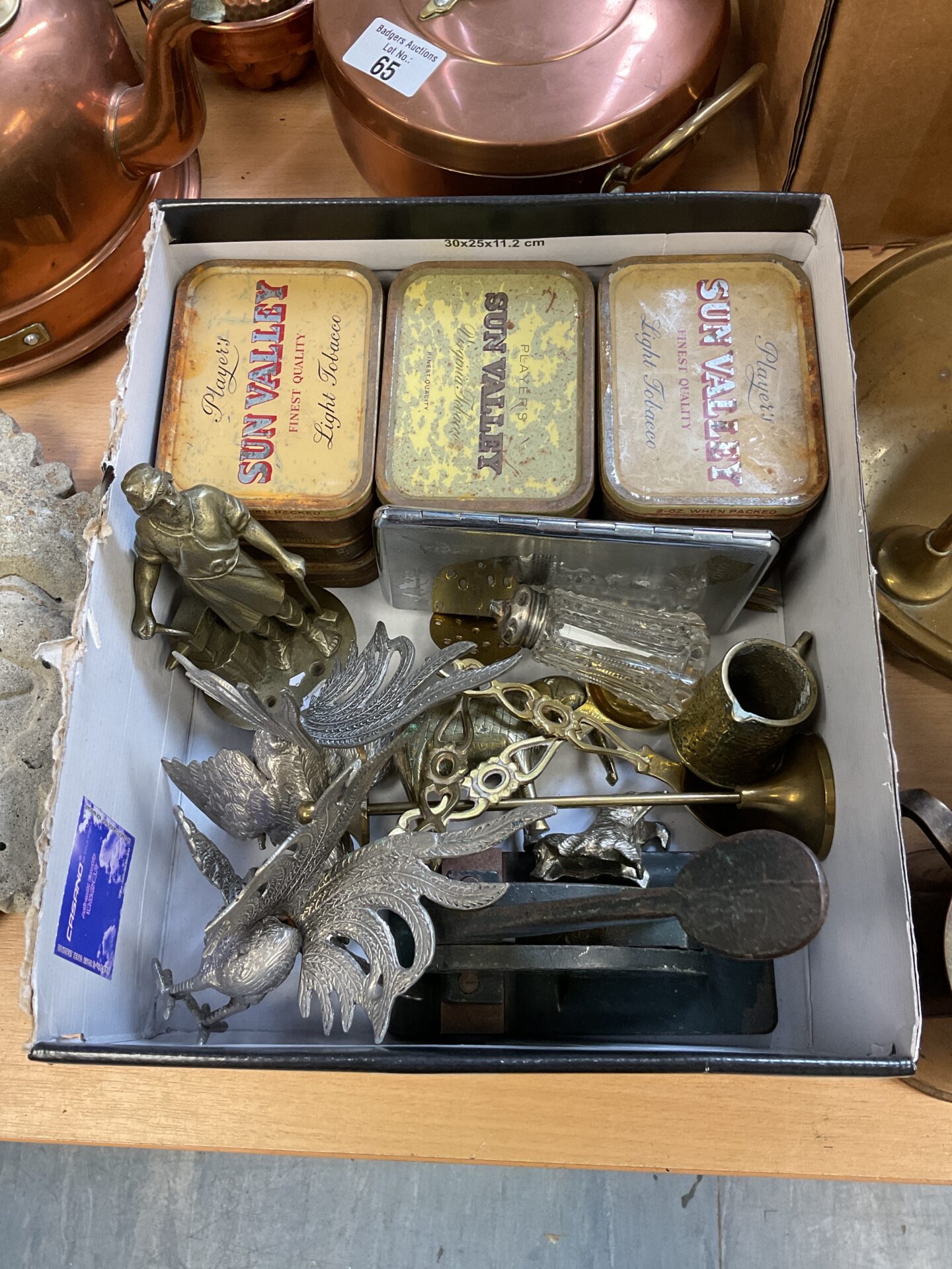 059 Box of mixed metalware inc fighting cocks & sterling silver topped salt pot