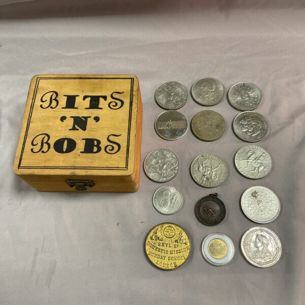 Vintage coin collection in a wooden "Bits 'n' Bobs" box.