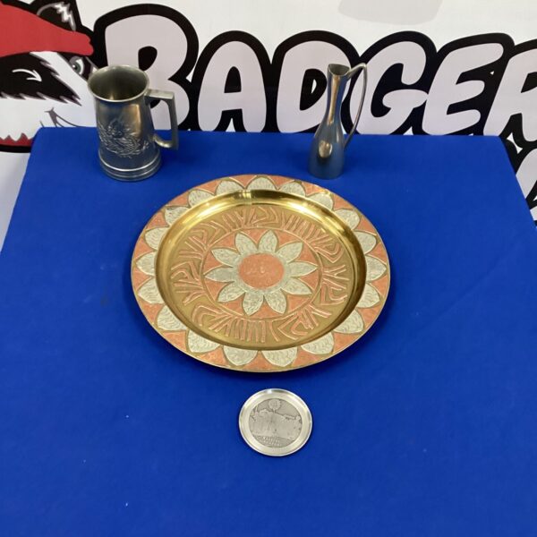 Vintage decorative copper plate with pewter tankard and slim jug set.