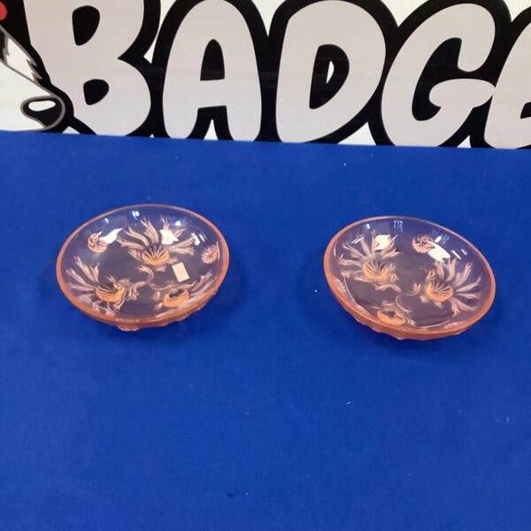 Pair of Lalique style trinket bowls with floral design.