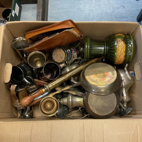 Mixed lot of vintage brass and silver plate items with a West German vase.