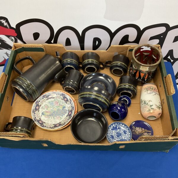 Vintage stoneware pottery and Iceland lava candle holders in a mixed lot.