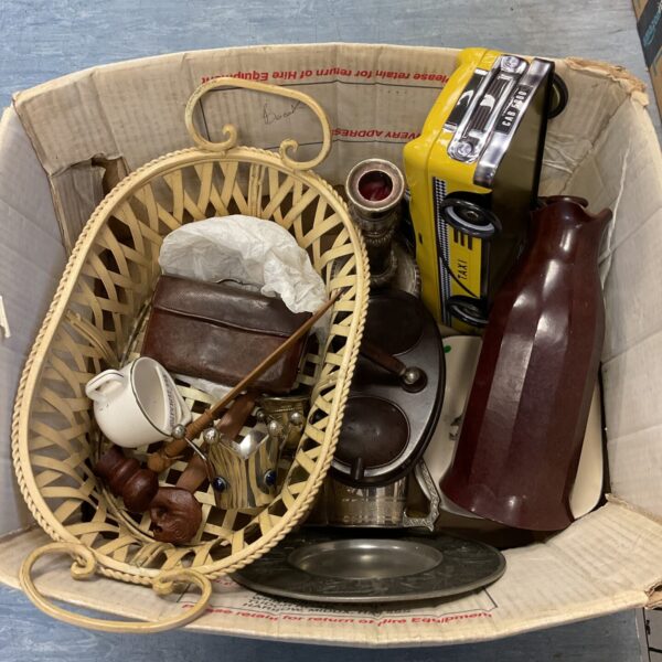 Vintage mixed lot of collectibles including Bakelite pen stand.