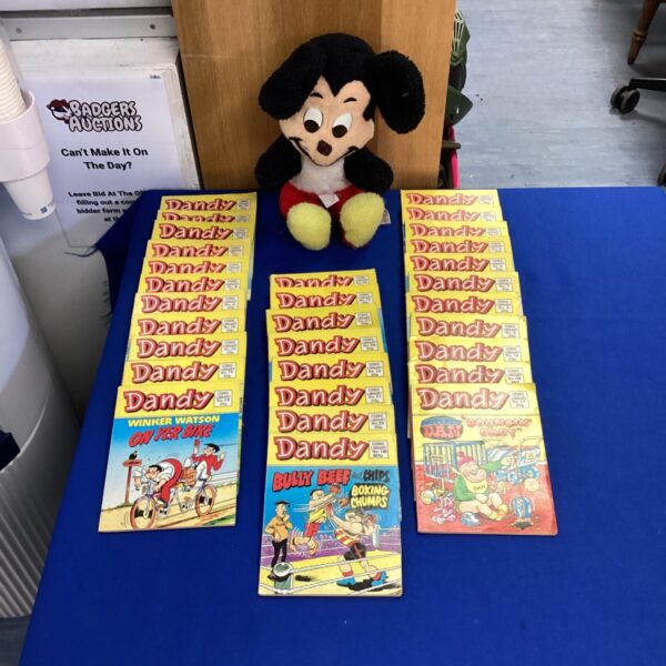 Collection of vintage dandy comics & vintage mickey the mouse teddy bear