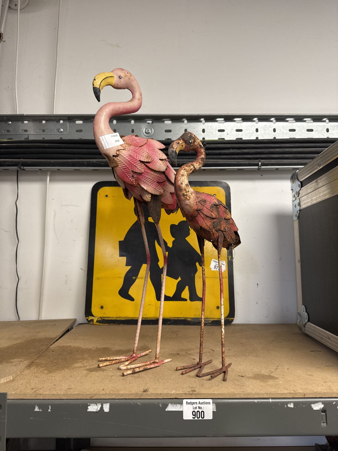 900 Two flamingo garden ornaments taller one 19” tall approx