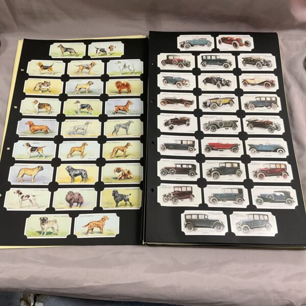 Wills cigarette card sets featuring dogs and classic cars, a collectible lot.