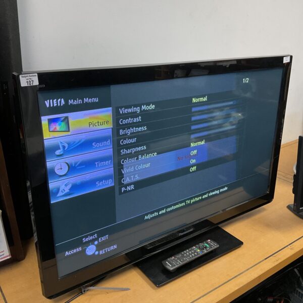 Front view of a Panasonic Viera 42 inch HD television with remote.